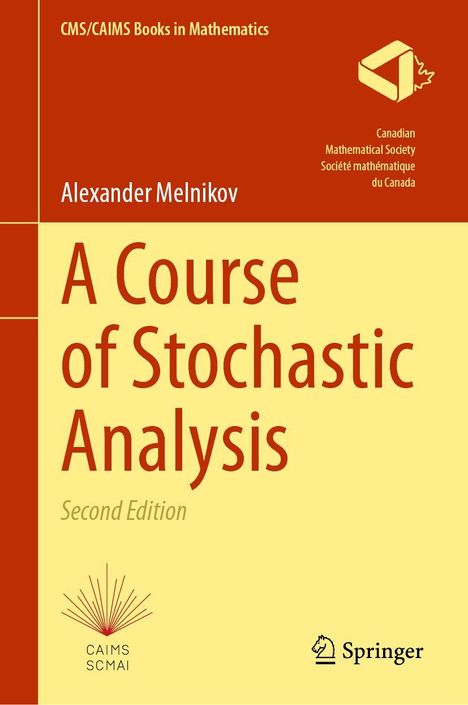 Text: "A Course of Stochastic Analysis, Second Edition, Alexander Melnikov." Gelbe Buchseite, Springer-Logo unten rechts.