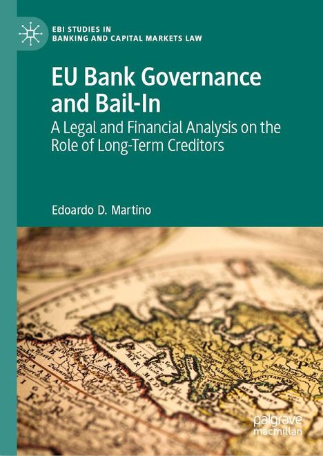 Buchtitel: "EU Bank Governance and Bail-In" von Edoardo D. Martino. Untere Hälfte zeigt eine alte Europakarte.