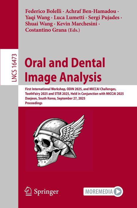"Oral and Dental Image Analysis", Text über einem geflügelten Totenkopf-Helm; Springer und Moremedia Logos sichtbar.