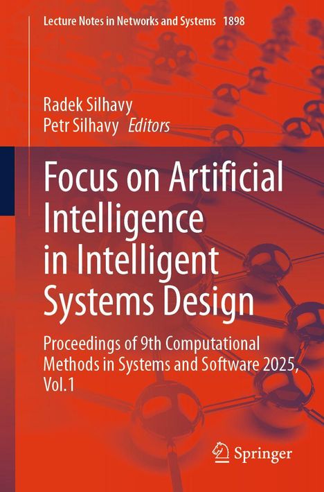 Text: "Focus on Artificial Intelligence in Intelligent Systems Design", Autoren: Radek Silhavy, Petr Silhavy. Hintergrund: Molekülstruktur Grafik.