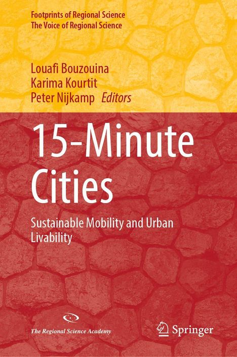 "15-Minute Cities: Sustainable Mobility and Urban Livability." Namen von drei Editoren. Hintergrund in Rot- und Gelbtönen.
