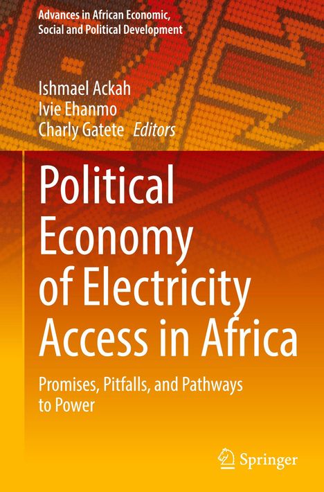 Text: "Political Economy of Electricity Access in Africa: Promises, Pitfalls, and Pathways to Power." Hintergrund mit warmen, afrikanischen Mustern.
