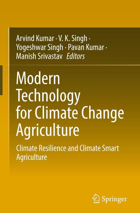 Ein Buchcover mit dem Titel "Modern Technology for Climate Change Agriculture." Autoren sind Arvind Kumar und andere.