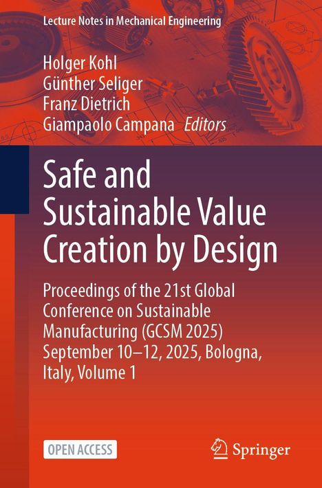 Buchtitel: "Safe and Sustainable Value Creation by Design". Illustration mit Zahnrädern im Hintergrund.