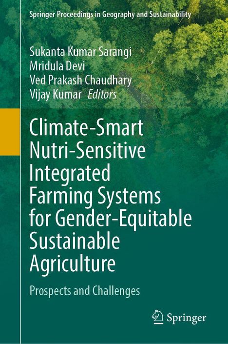 Titel: Climate-Smart Nutri-Sensitive Integrated Farming Systems for Gender-Equitable Sustainable Agriculture. Hintergrund: Wald. Springer-Logo.