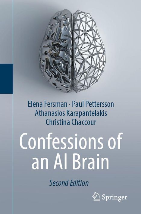 "Confessions of an AI Brain. Second Edition" von Elena Fersman u. a. Ein halber, realistisch-metallischer und geometrischer Gehirnumriss.