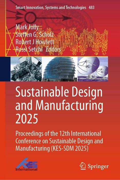 „Sustainable Design and Manufacturing 2025“, rote Farben, Bilder von Technologie und Architektur, Verlagslogo unten.