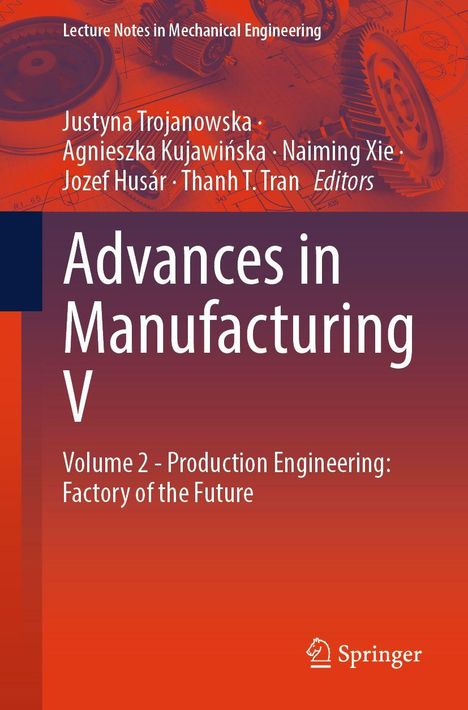 „Advances in Manufacturing V“; technisches Hintergrundbild mit Zahnrädern und Plänen; Springer-Logo unten rechts.