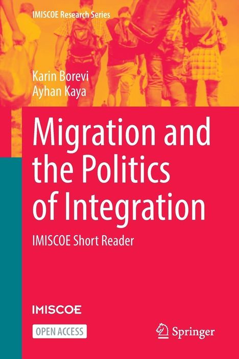 "Migration and the Politics of Integration" von Karin Borevi und Ayhan Kaya. Menschen mit Rucksäcken in warmen Farben.