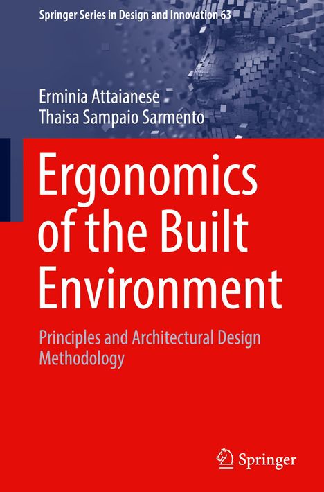 "Ergonomics of the Built Environment" ist in Weiß auf Rot geschrieben, mit Autorennamen oben. Rechts ein digitales Gesicht.