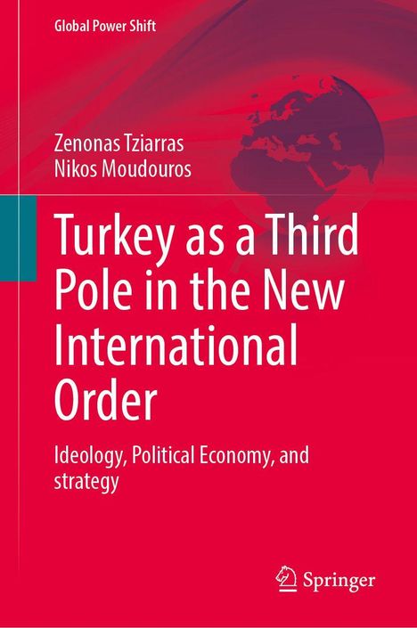 „Turkey as a Third Pole in the New International Order“ von Zenonas Tziarras und Nikos Moudouros: Roter Hintergrund, Weltkarte.