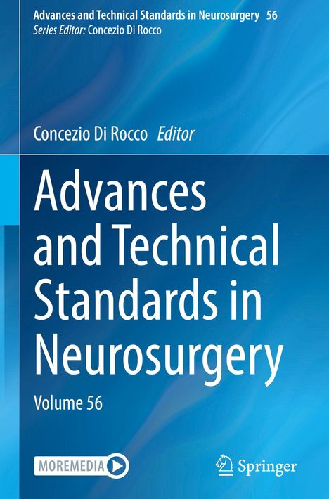 "Advances and Technical Standards in Neurosurgery, Volume 56, Concezio Di Rocco, Editor. Blaues Hintergrunddesign."
