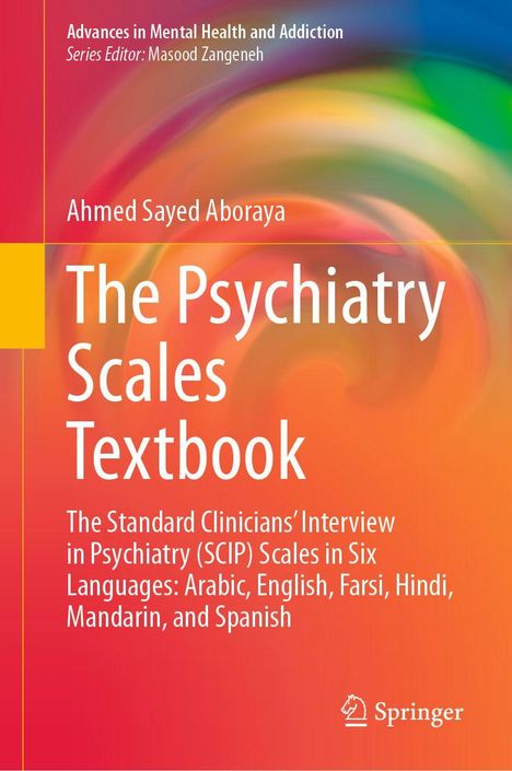 Titel: "The Psychiatry Scales Textbook". Bunter, abstrakter Hintergrund mit Springer-Logo unten rechts.