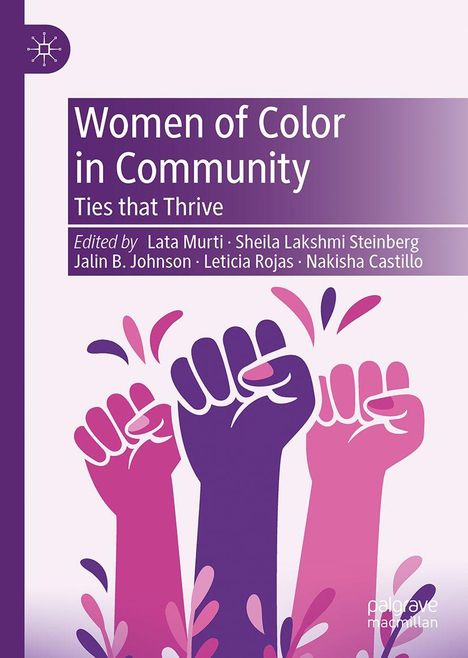 "Women of Color in Community: Ties that Thrive" steht oben, umrahmt von erhobenen bunten Fäusten und dekorativen Elementen.