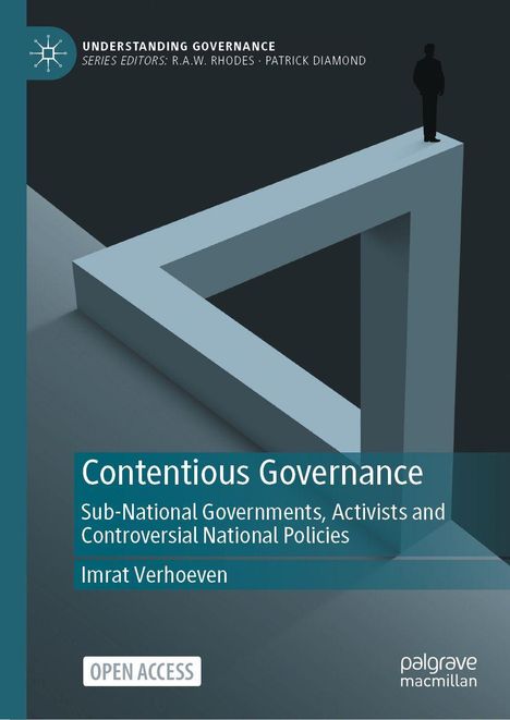 "Contentious Governance" von Imrat Verhoeven, Paradox-Illusion, Person steht auf der Spitze, dunkelblauer Hintergrund.