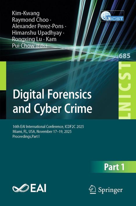 Text: Herausgeber, Konferenzdetails, Titel "Digital Forensics and Cyber Crime". Hintergrund: Abstrakte Linien und Logos.