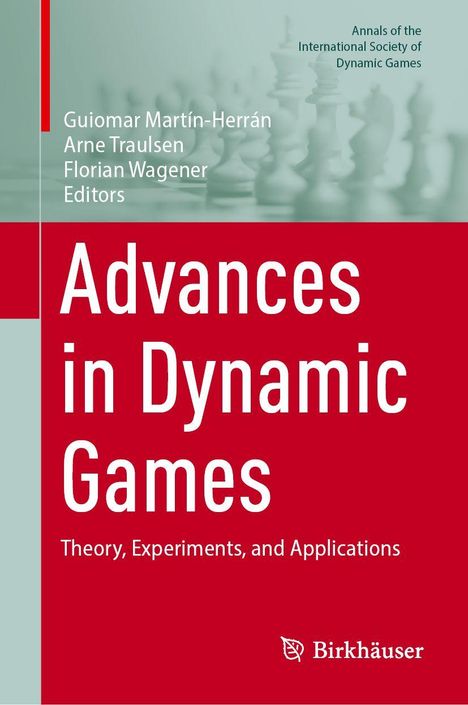 Titel in großen weißen Buchstaben: "Advances in Dynamic Games". Hintergrund zeigt unscharfe Schachfiguren.
