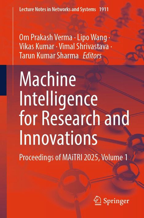 Text: "Machine Intelligence for Research and Innovations. Proceedings of MAiTRI 2025, Volume 1." Hintergrund: Molekularstruktur.