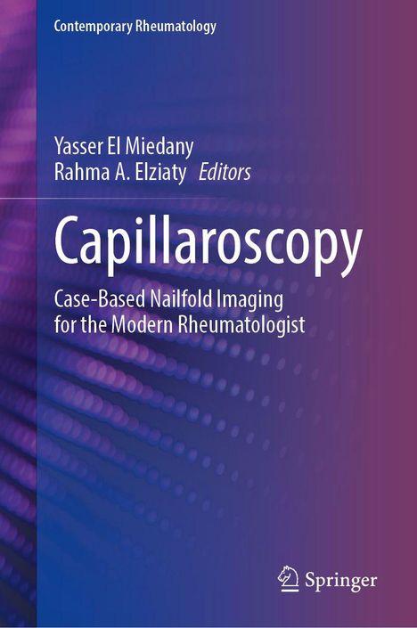 Text: "Capillaroscopy: Case-Based Nailfold Imaging for the Modern Rheumatologist." Lila, blaue abstrakte Hintergründe. Springer-Logo.