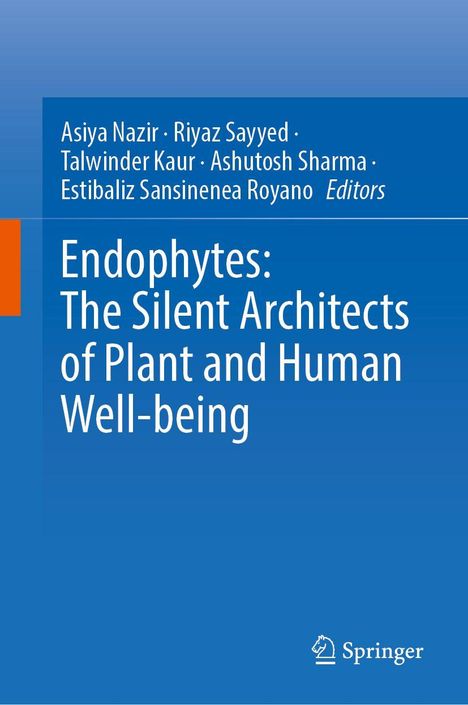 Titel: "Endophytes: The Silent Architects of Plant and Human Well-being". Blau-weißer Hintergrund, Springer-Logo.
