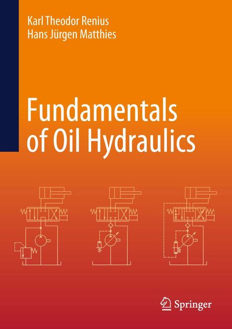 Der Text "Fundamentals of Oil Hydraulics" in Weiß auf orangem Hintergrund, mit hydraulischen Symbolen darunter.