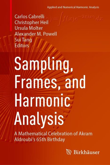 Text: Sampling, Frames, and Harmonic Analysis. Orange Hintergrund mit gebogenen Linien und einem Quadrat oben links.