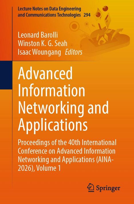 Titel: "Advanced Information Networking and Applications". Oben gelbes, orangefarbenes Cover mit abstrakten Formen.
