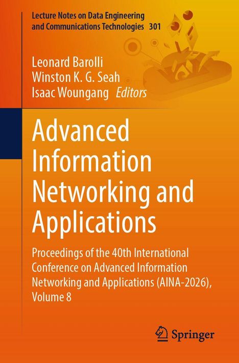„Advanced Information Networking and Applications“ in Weiß auf orangefarbenem Hintergrund, darunter ein Logo von Springer.