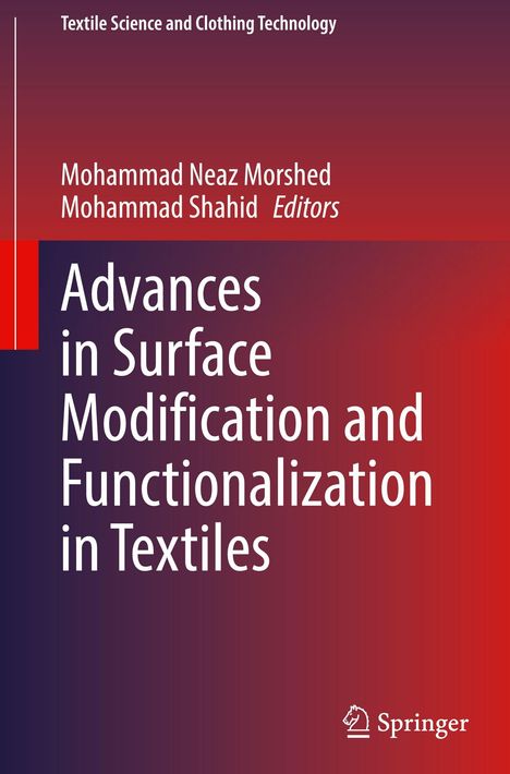 Text: „Advances in Surface Modification and Functionalization in Textiles“, Autoren: Mohammad Neaz Morshed, Mohammad Shahid. Oben ein Logo. Farbverlauf von Rot zu Lila.