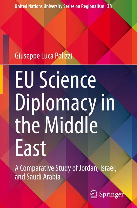 Titel: "EU Science Diplomacy in the Middle East". Autor: Giuseppe Luca Polizzi. Buntes geometrisches Design.