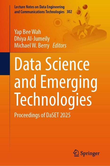 "Data Science and Emerging Technologies" steht in Weiß auf einem orangefarbenen Hintergrund mit einer futuristischen Illustration.