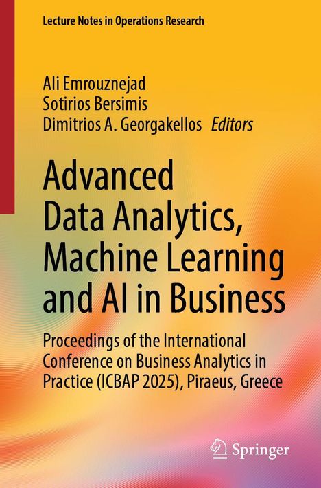 Text: "Advanced Data Analytics, Machine Learning and AI in Business." Autoren oben. Verlag unten. Farbverlauf: Gelb zu Rot.