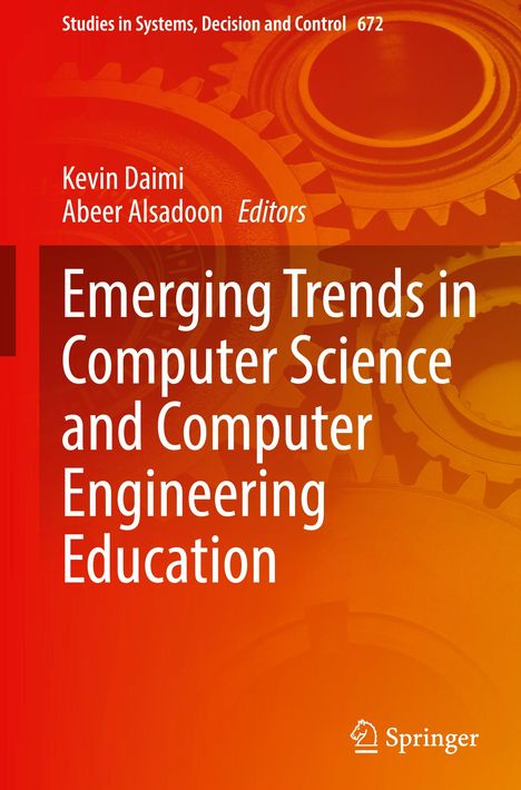 Titel: Emerging Trends in Computer Science and Computer Engineering Education. Hintergrund: Zahnräder in Rot/Orange.