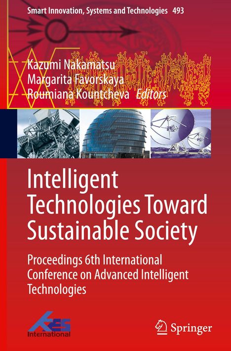 Text in Weiß auf rotem Hintergrund: "Intelligent Technologies Toward Sustainable Society." Oben sind drei Fotos: Gebäude und Satellitenschüsseln.