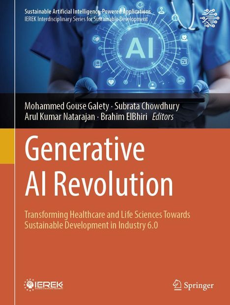 Titel: "Generative AI Revolution". Untertitel: "Transforming Healthcare and Life Sciences". Mediziner hält Tablet.