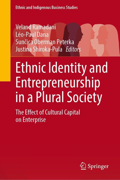 Cover eines Buches mit Text: „Ethnic Identity and Entrepreneurship in a Plural Society“; rote Silhouetten von Köpfen.