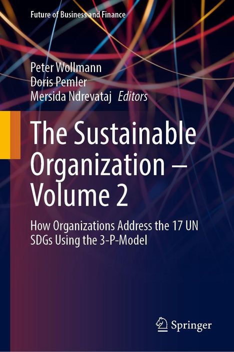 Text: "The Sustainable Organization – Volume 2". Autoren: Peter Wollmann, Doris Pemler, Mersida Ndrevataj. Im Hintergrund bunte Linien.