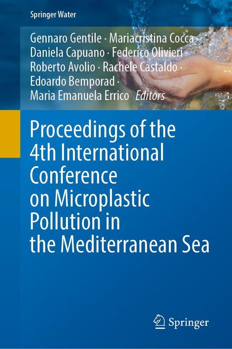 „Proceedings of the 4th International Conference on Microplastic Pollution in the Mediterranean Sea“ mit Händen in Wasser.