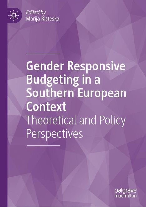 Der Text beschreibt gendergerechte Budgetierung in Südeuropa. Violetter Hintergrund mit geometrischem Muster und Logo.