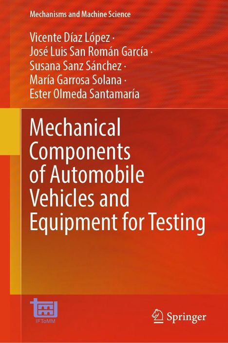 Buchtitel: "Mechanical Components of Automobile Vehicles and Equipment for Testing". Autoren: Vicente Díaz López, usw. Oranger Hintergrund.