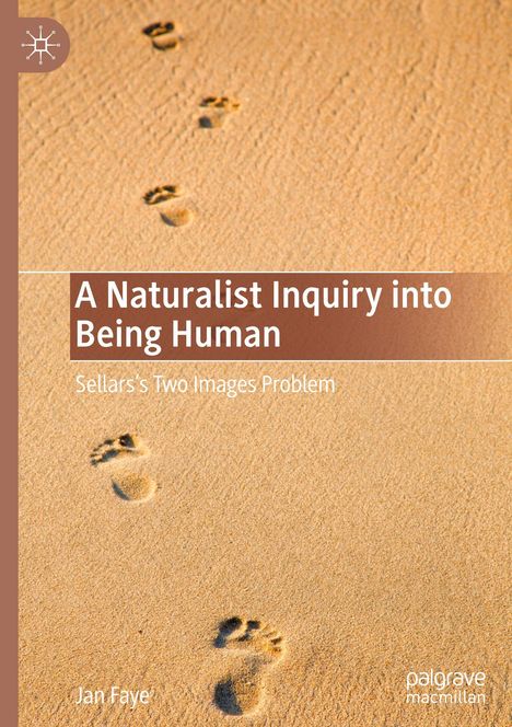 Titel: "A Naturalist Inquiry into Being Human". Darunter: "Sellars's Two Images Problem". Fußabdrücke im Sand.