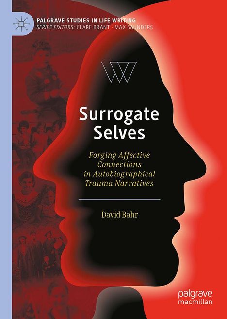 "Surrogate Selves" von David Bahr. Schwarzes Profil auf rotem Hintergrund, Retro-Fotos von Menschen.