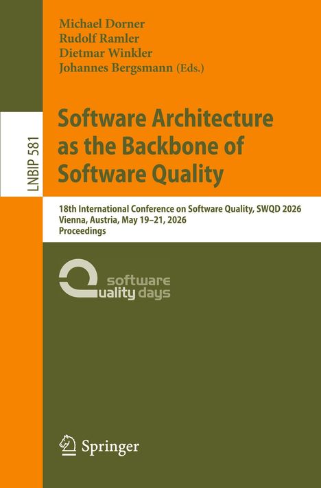 "Software Architecture as the Backbone of Software Quality", Konferenz in Wien, 19.-21. Mai 2026. Grüner Hintergrund mit Logo.