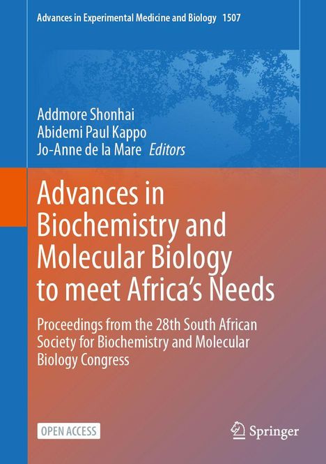 Titel: Advances in Biochemistry and Molecular Biology to meet Africa’s Needs. Farbhintergründe in Blau und Orange.
