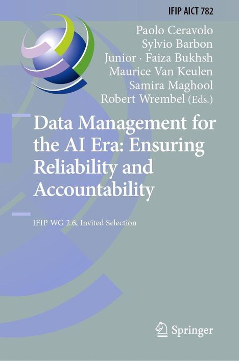 Text: "Data Management for the AI Era: Ensuring Reliability and Accountability." Illustration: Kugel mit farbigen Bögen.