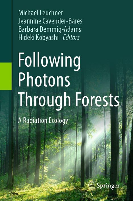 „Following Photons Through Forests: A Radiation Ecology“. Sonnenstrahlen durch einen Wald, Springer-Logo.