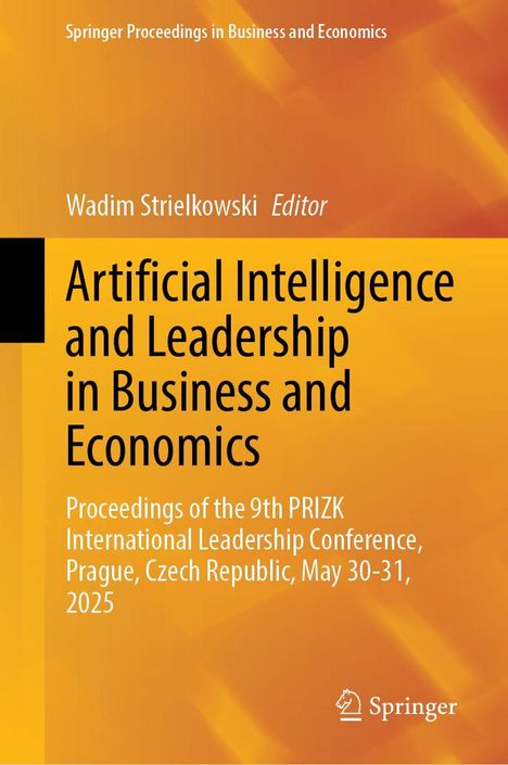 "Artificial Intelligence and Leadership in Business and Economics" steht auf einem orangefarbenen Buchcover. Springer-Logo unten rechts.