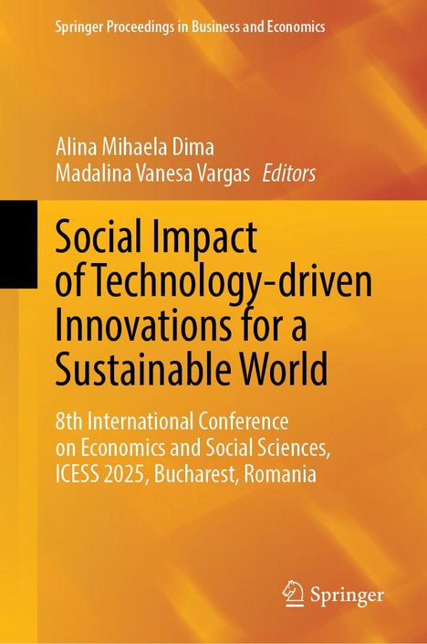 Buchtitel: Social Impact of Technology-driven Innovations for a Sustainable World. Orange Hintergrund, schlichtes Design.