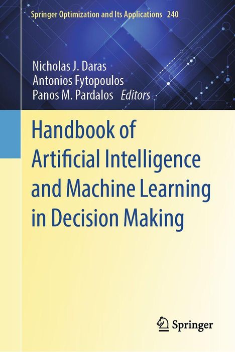 "Handbook of Artificial Intelligence and Machine Learning in Decision Making", blaue und gelbe Hintergrundfarben.