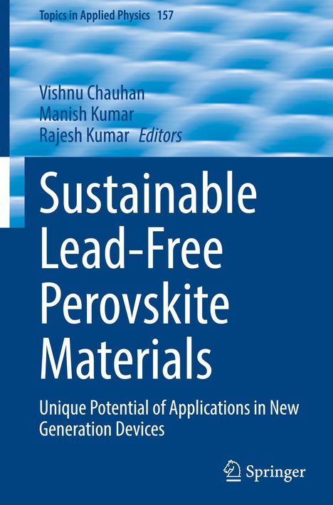"Sustainable Lead-Free Perovskite Materials" Titel in Weiß auf Blau, darunter Springer Logo. Wolkenartiger Hintergrund.